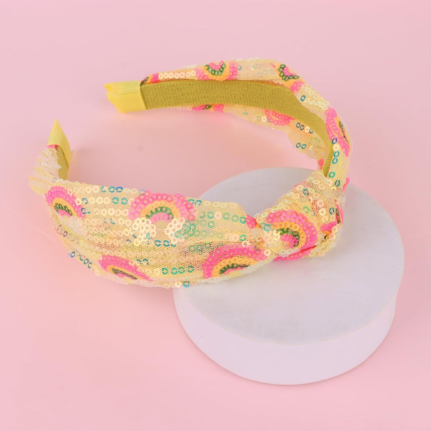 Yellow Sequins Headbands for Girls, Glitter Rainbow Girls Headbands Cute Knotted Head Band for Women Teens Sparkle Girl Hair Accessories
