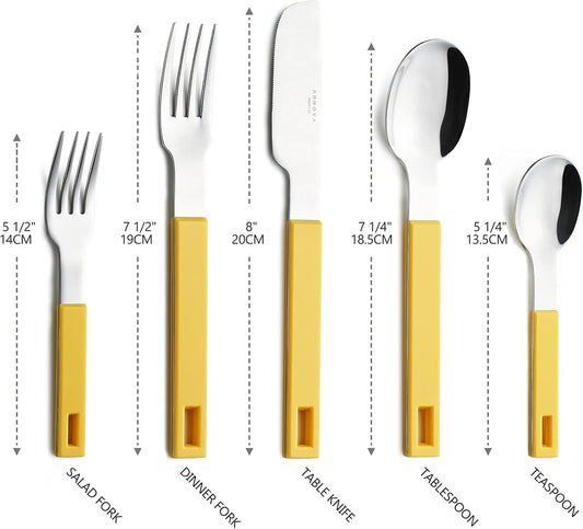ANNOVA Silverware Set 20 Pieces Stainless Steel Cutlery Color Block Handle Modern Style Flatware - 4 x Dinner Knife; 4 x Dinner Fork; 4 x Salad Fork; 4 x Dinner Spoon; 4 x Dessert Spoon (Yellow)