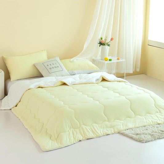 COTTEBED Reversible KING Bedding Comforter Set, Jersey Knit All Season Milk Cup Dual-Side Down Comforters, Super Soft Breathable Fluffy Lightweight Quilt & Pillow Shams(Yellow and White King/Cal King)