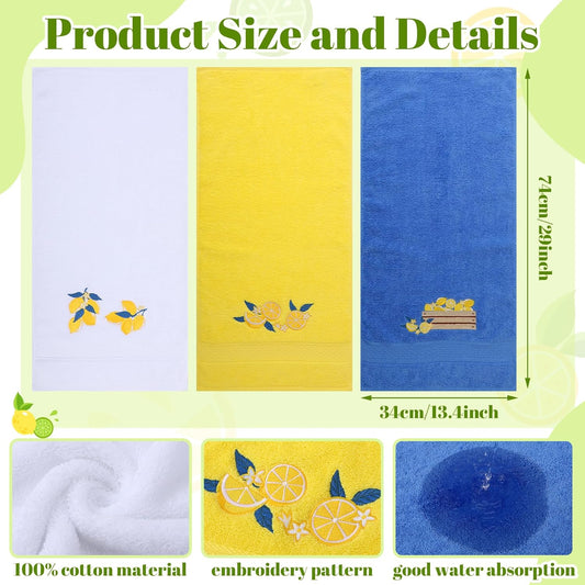 3 Pack Embroidered Cotton Hand Towels 13x30 Inch Yellow | Funny Lemon Decor Soft Absorbent Towel Set for Kitchen Gift Farmhouse Rustic Style