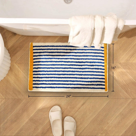 GIB Bathroom Rugs Mat 24" x 16", Extra Soft Absorbent Plush Fluffy Bath Rugs, Non-Slip Washable Bath Mats for Bathroom Floor Shower Home Decor Accessories, Blue & White Striped with Yellow Accents