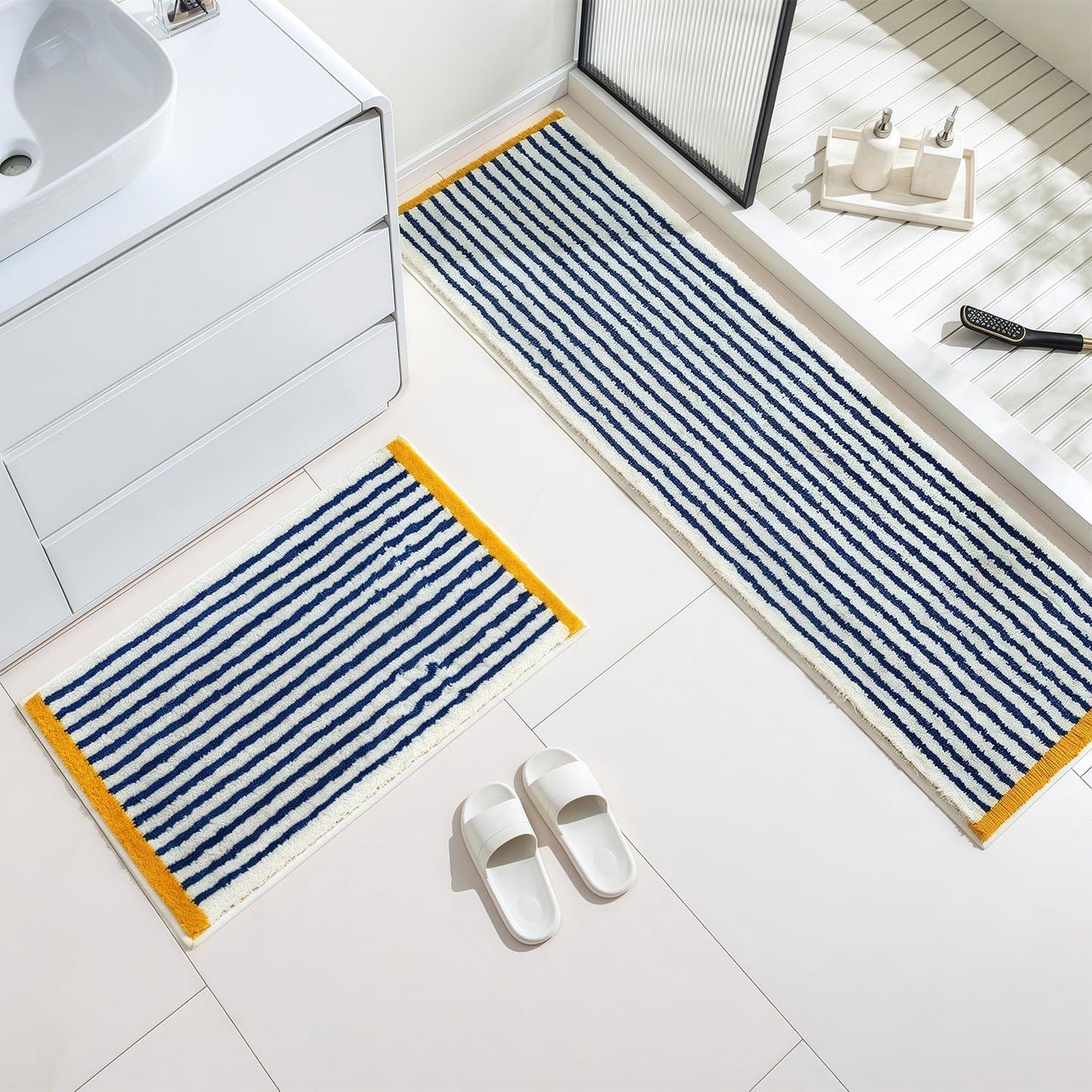 GIB Bathroom Rugs Mat 24" x 16", Extra Soft Absorbent Plush Fluffy Bath Rugs, Non-Slip Washable Bath Mats for Bathroom Floor Shower Home Decor Accessories, Blue & White Striped with Yellow Accents