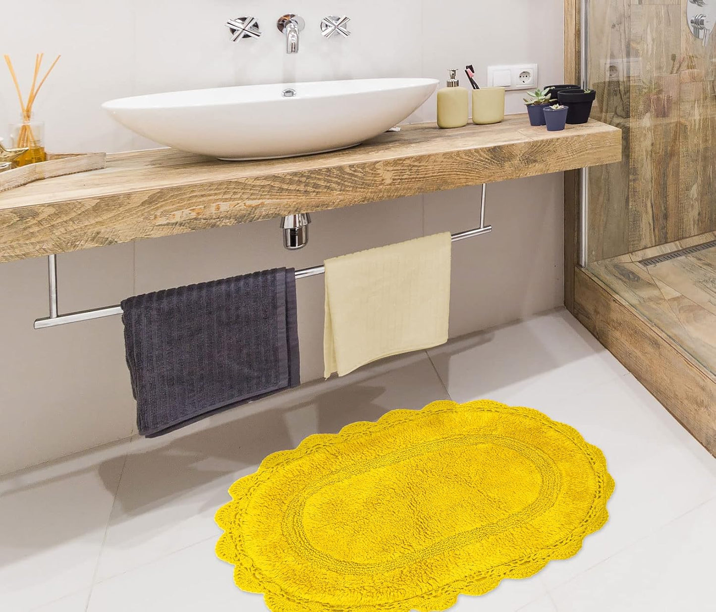 Crochet Collection - Designer, Plush 100% Cotton Round, Oval Bath Area Rug (20x32 inches, Yellow)