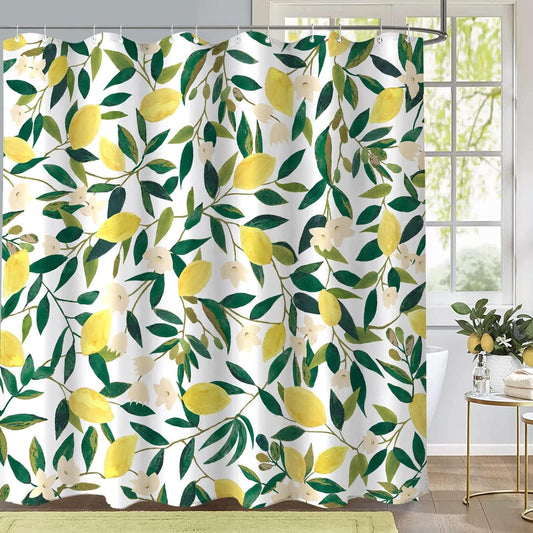 Lemon Shower Curtain, Allover Fruits Green Leaves Plant Design Waterproof Fabric Bathroom Curtains Set with 12 Hooks, Green Yellow 72Γ72 inch