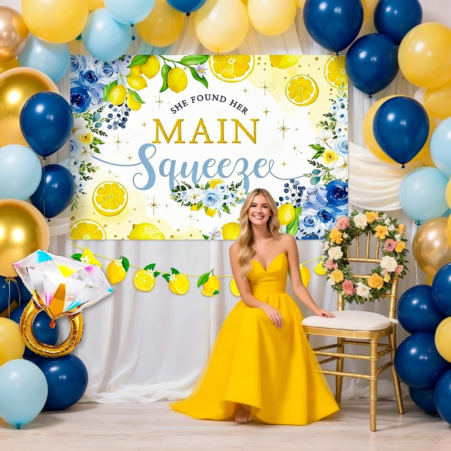 She Found Main Squeeze Backdrop Capri Lemon Party Bridal Shower Decorations | Blue Yellow Lemon Themed Bachelorette Wedding Party Decor Diamond Ring Balloon Party Supplies She Found Main Squeeze Backdrop