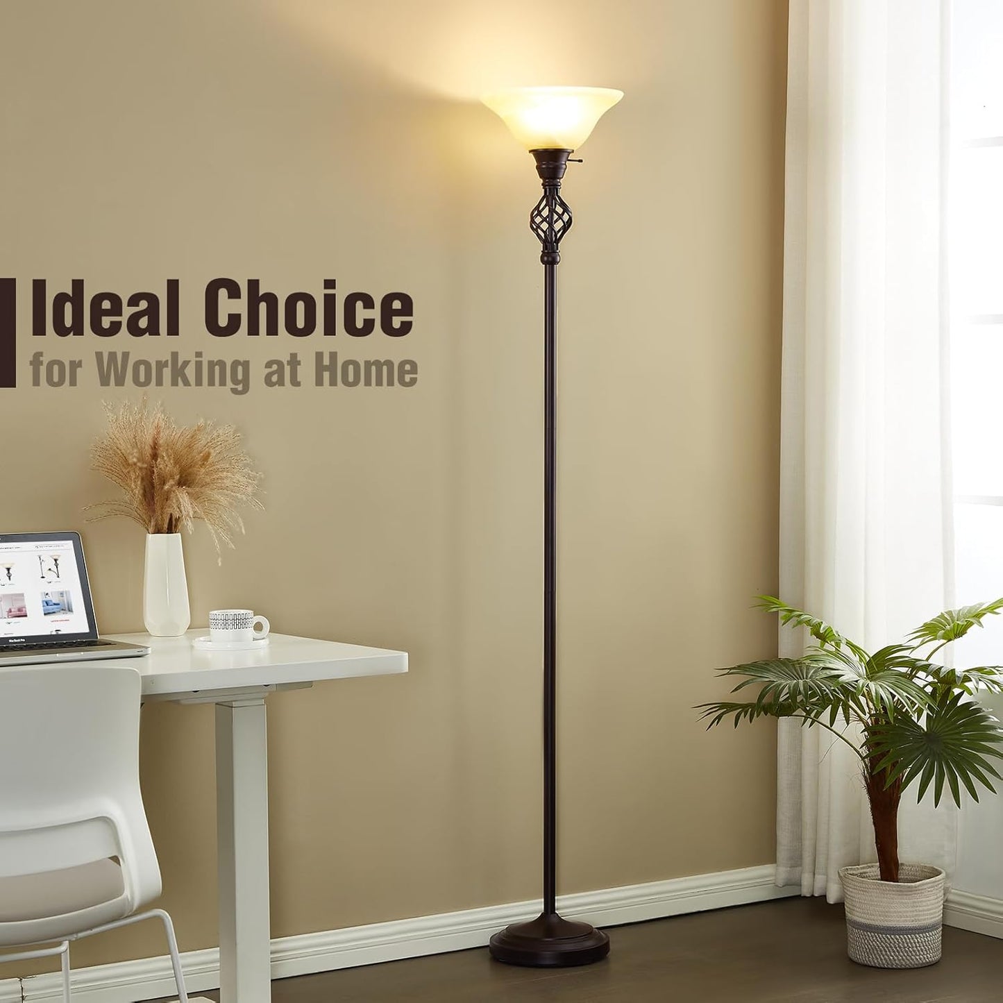 GyroVu Torchiere Floor Lamp for Living Room, LED Standing Reading Light for Bedroom with Glass Shade for Living Room Corner Bedroom Home Office,Bulbs Included (Yellow Lampshade, Glass 1 Head)