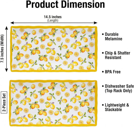 2-Piece Melamine Plates Set β 14.5x7.5 Inch Rectangular Melamine Serving Trays, Dishwasher Safe, Lightweight & Durable Dinner Plates for Kitchen, Party, BBQ, Outdoor Use,Lemon Design