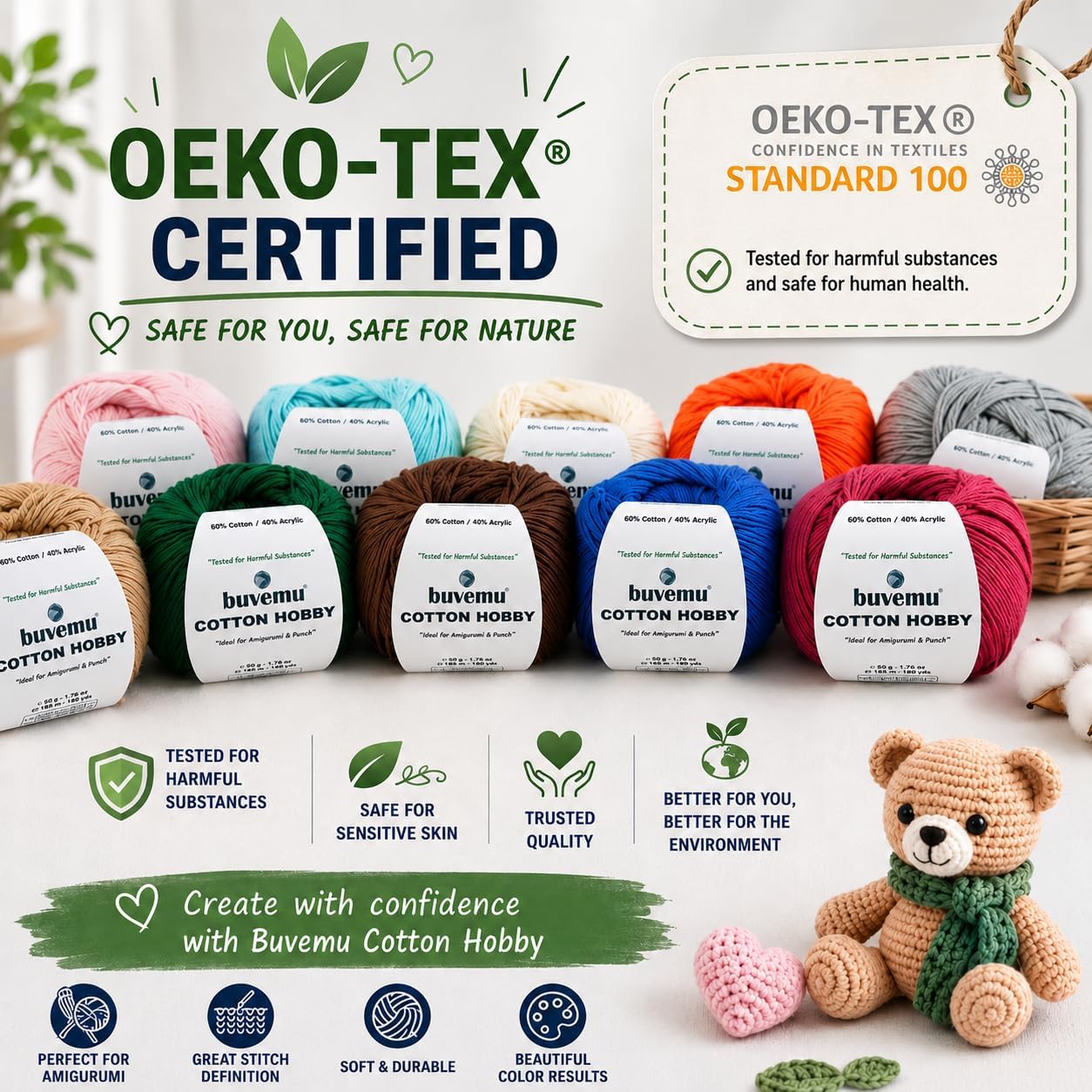 Cotton Hobby Yarn for Amigurumi Crochet & Knitting (Butter Yellow) | 1.76 oz (50g) / 180 yds, 60% Cotton 40% Acrylic Blend Yarn, Soft Lightweight Baby Yarn, Punch Needle Projects