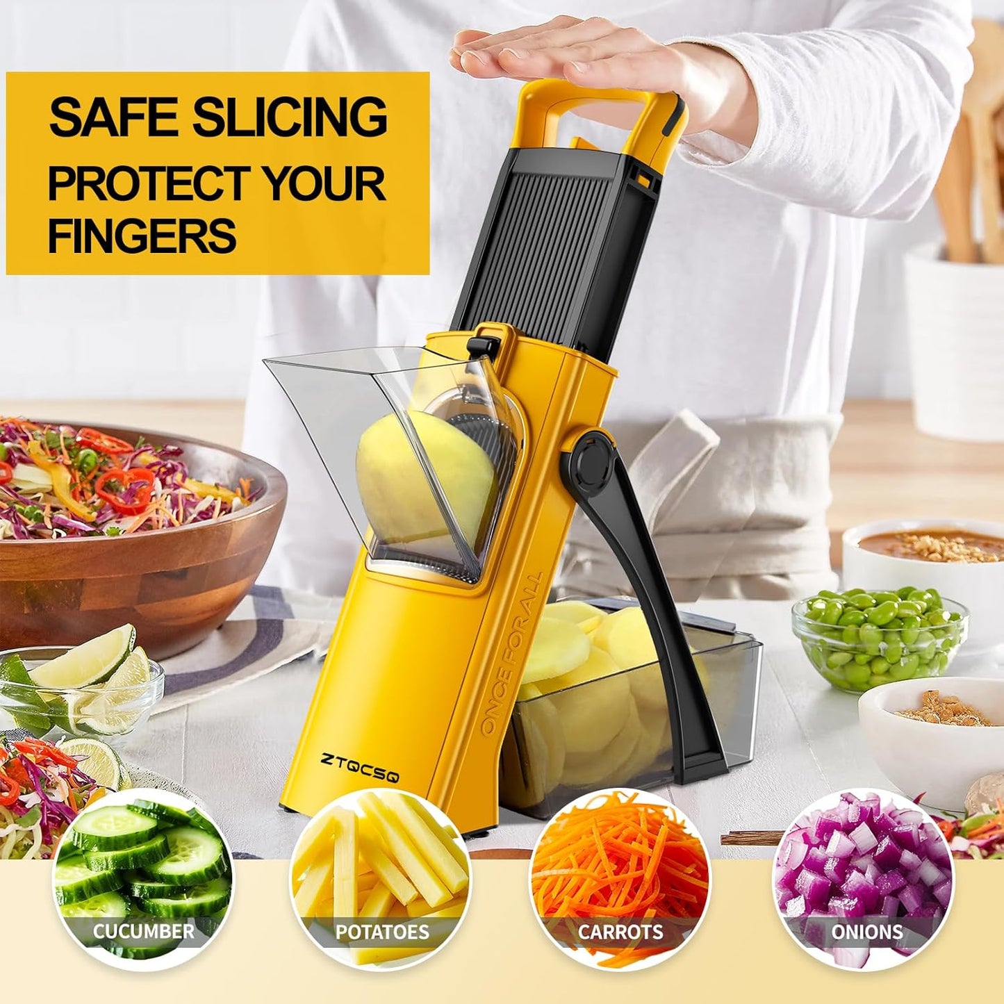 All in 1 Upgraded Version Safe Mandoline Slicer for Kitchen, Veggie Slicer | 0.1-8mm Adjustable Thickness/Potato Slicer/Rapid Prep Mandoline, Bigger Size, Detachable Blade, Cleaning Brush (Yellow)