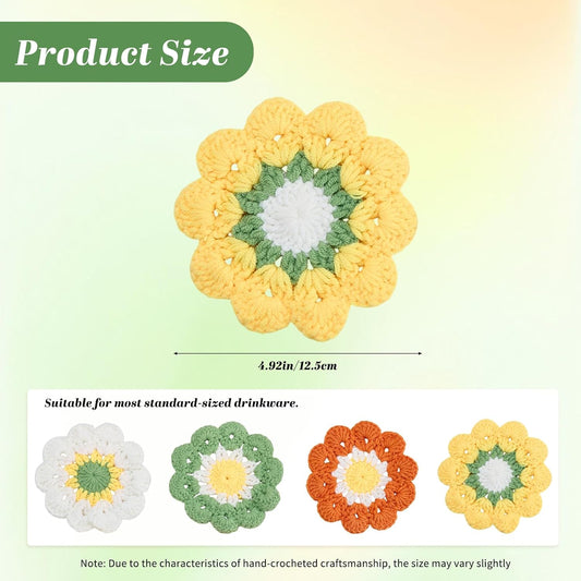 8pcs Handmade Crochet Flower Coasters Set Cute Drink Coasters | 5" Colorful Floral Small Beautiful Artistic Dollies Set Heat Resistant for Coffee Dining Tabletop Green Yellow Orange Cream