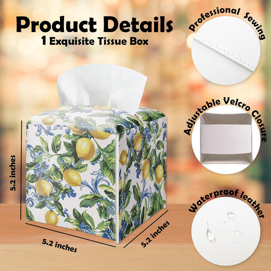 Lemon Tissue Box Cover Square - Leaves & Lemon Tissue Holder - Waterproof Facial Paper Organizer for Home Bathroom Office - Desk Tabletop Supplies Decorative Dispenser Box - A05
