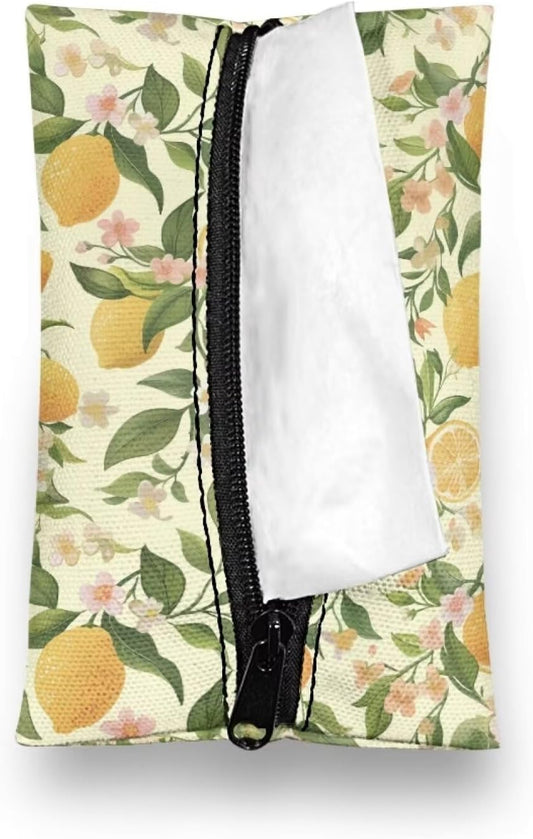 Lemon Decorative Tissue Box Cover Cute Pocket Tissue Holder for Car Zipper Enclosed Portable Reusable Travel Tissue Pouch for Purse Leak-Proof Tissue Holder for On-The-Go