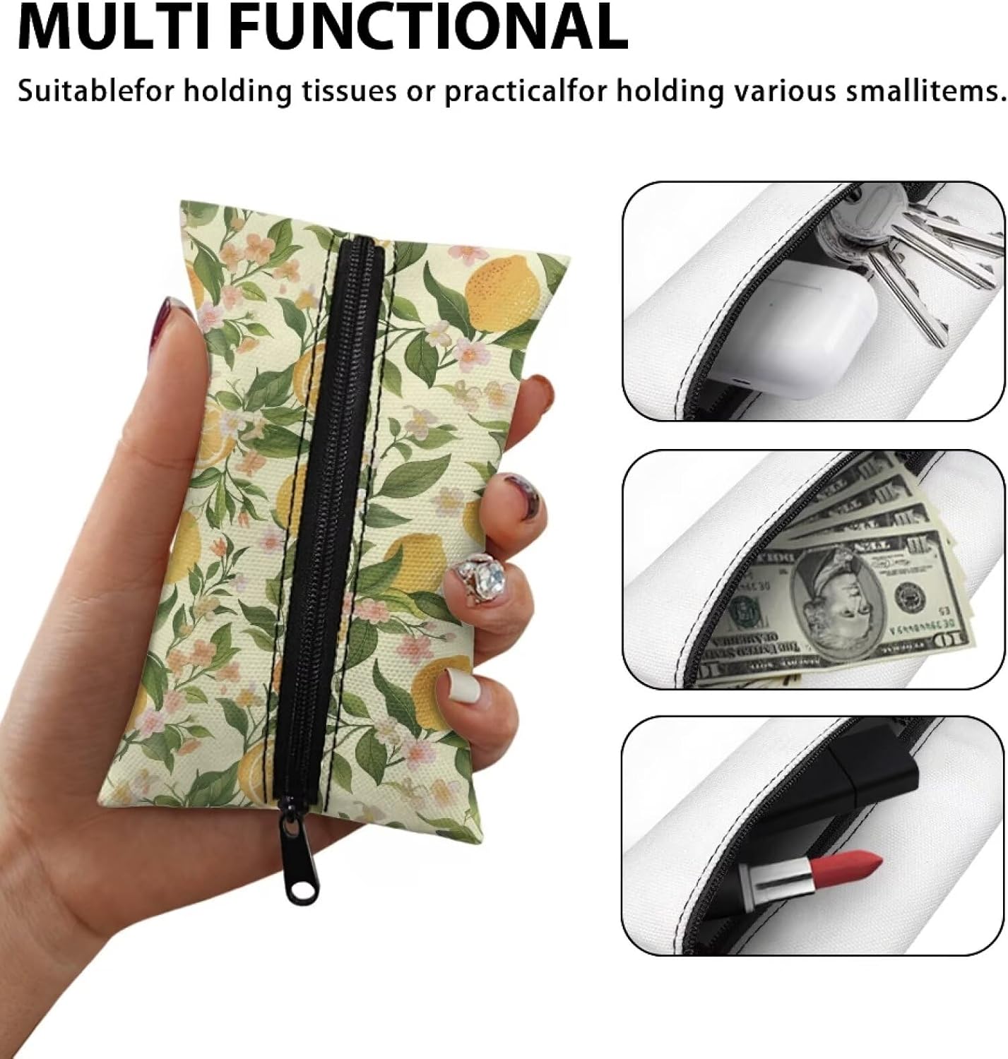 Lemon Decorative Tissue Box Cover Cute Pocket Tissue Holder for Car Zipper Enclosed Portable Reusable Travel Tissue Pouch for Purse Leak-Proof Tissue Holder for On-The-Go