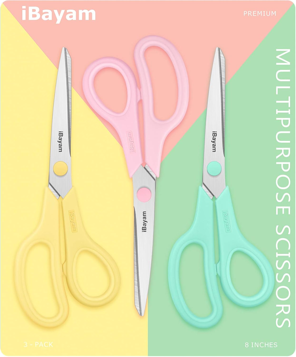 iBayam 8.5" All Purpose Yellow Pink Teal Scissors for School Office Teacher | 2.5mm Thick Blade Shears | Soft Comfort-grip | Left/Right Handed | Cute Office School Teacher Supplies | Home Sewing Fabric