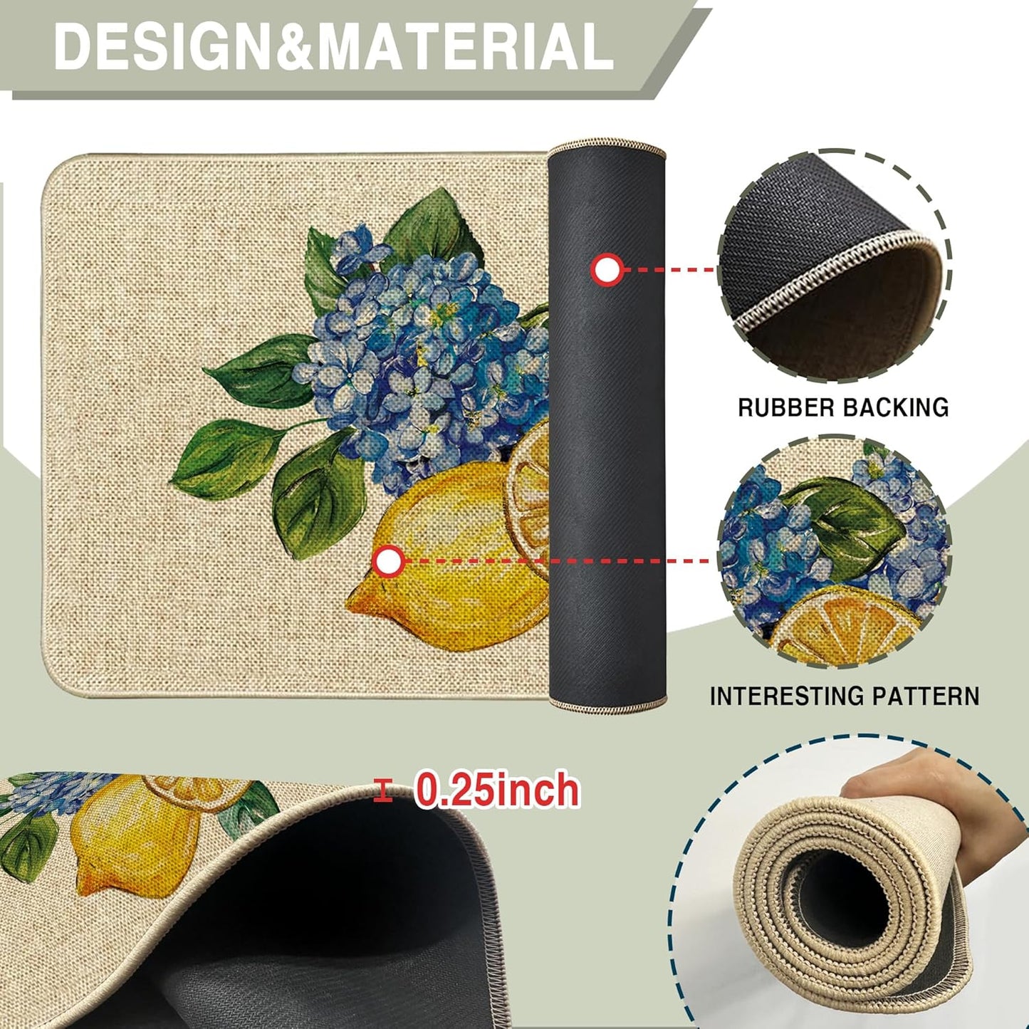 Summer Lemon Kitchen Mats Set of 2, Almafi Italy Blue Hydrangea Kitchen Rugs Sunshine Bee Floor Rug Non-Slip Low Profile Mat Seasonal Farmhouse Home Decor 17x29 and 17x47 Inch