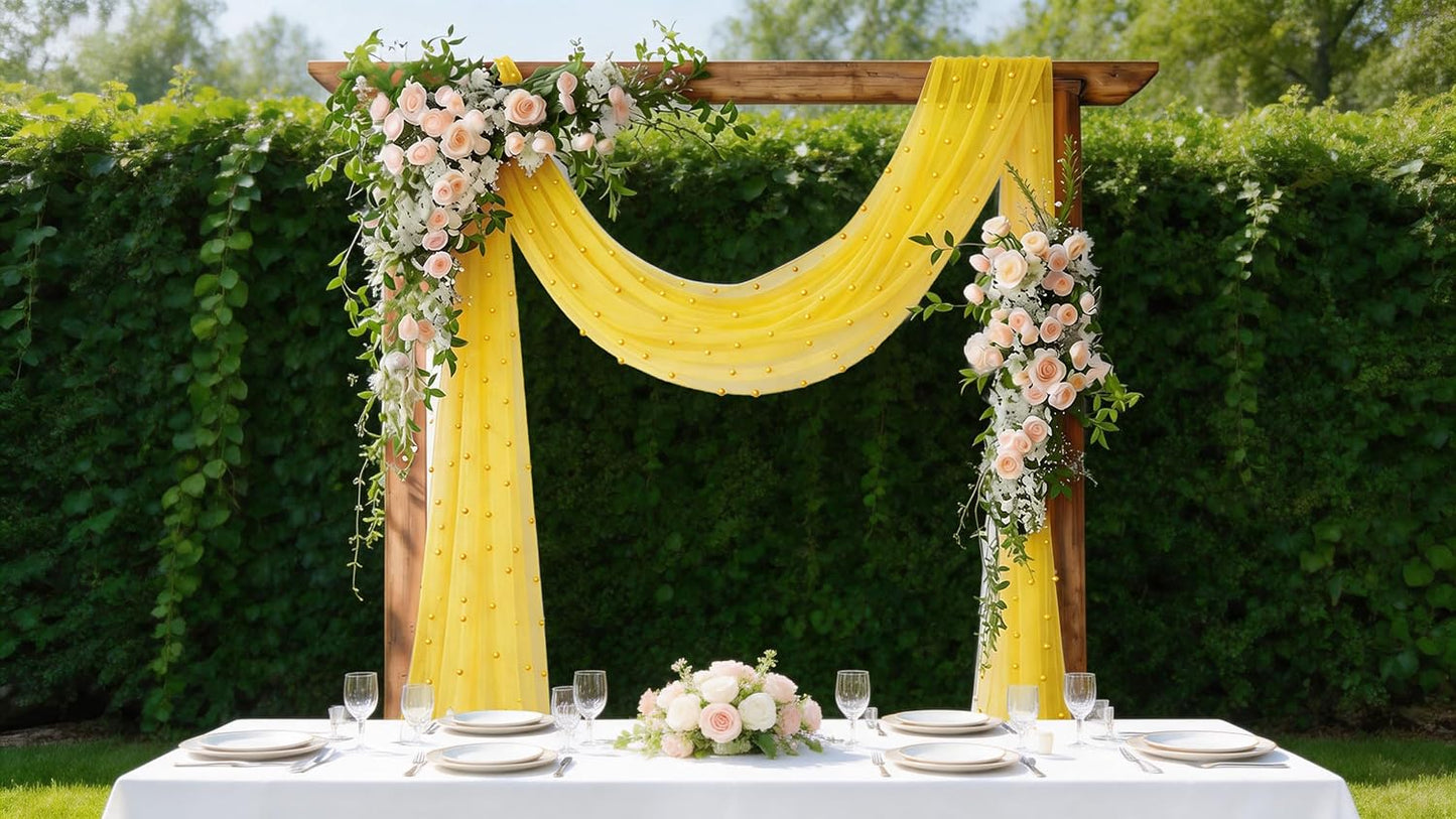 Pearl Table Runner Gauze Sheer 19FT Wedding Draping Fabric Decor | Yellow Summer Tulle Chiffon Arch Outdoor Drapes Extra Long Curtain for Birthday Party Baby Shower Bridal Engagement Decor
