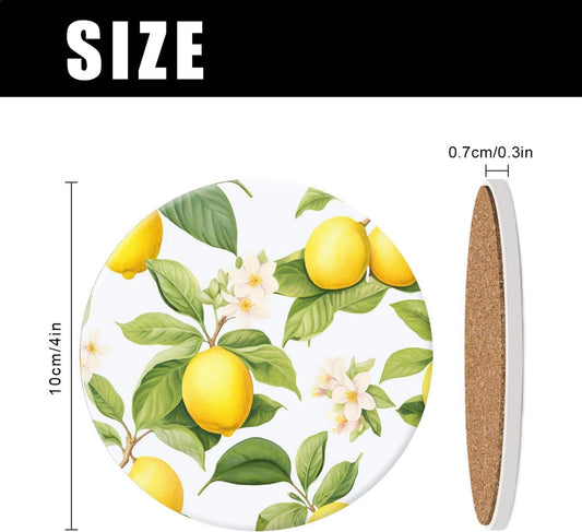 Fresh Yellow Lemon White Style Set of 4 Ceramic Coasters with Holder,Absorbent Drink Bar Coasters,Table Coasters