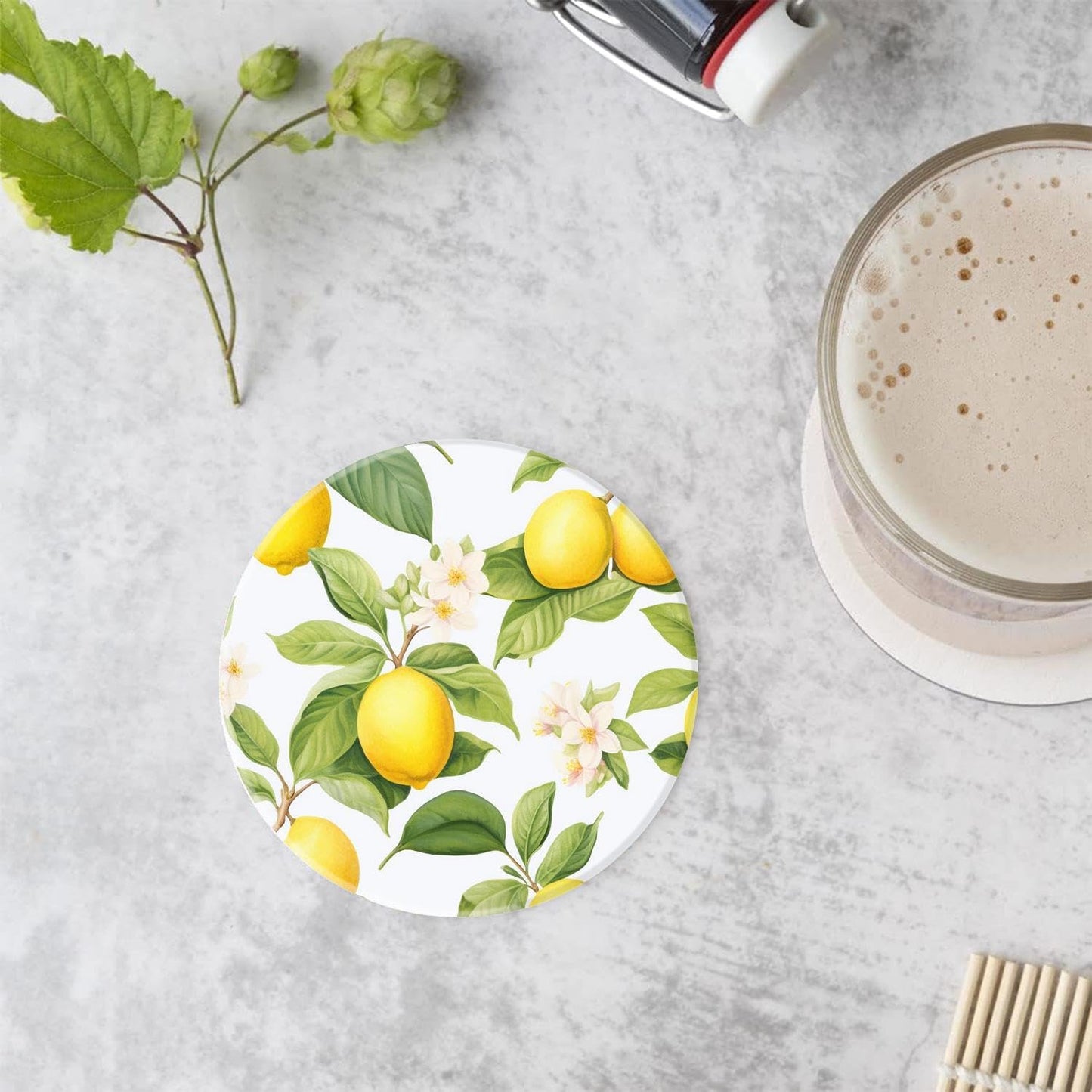 Fresh Yellow Lemon White Style Set of 4 Ceramic Coasters with Holder,Absorbent Drink Bar Coasters,Table Coasters