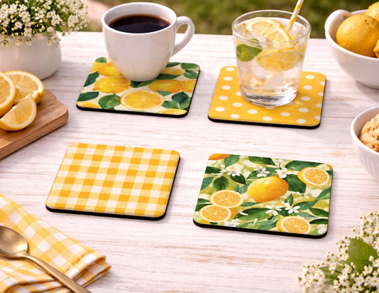 Lemon Fresh Absorbent 4pc Coaster Set β Citrus, Polka Dot, and Gingham Drink Coasters with NonβSlip Backing (Lemon)