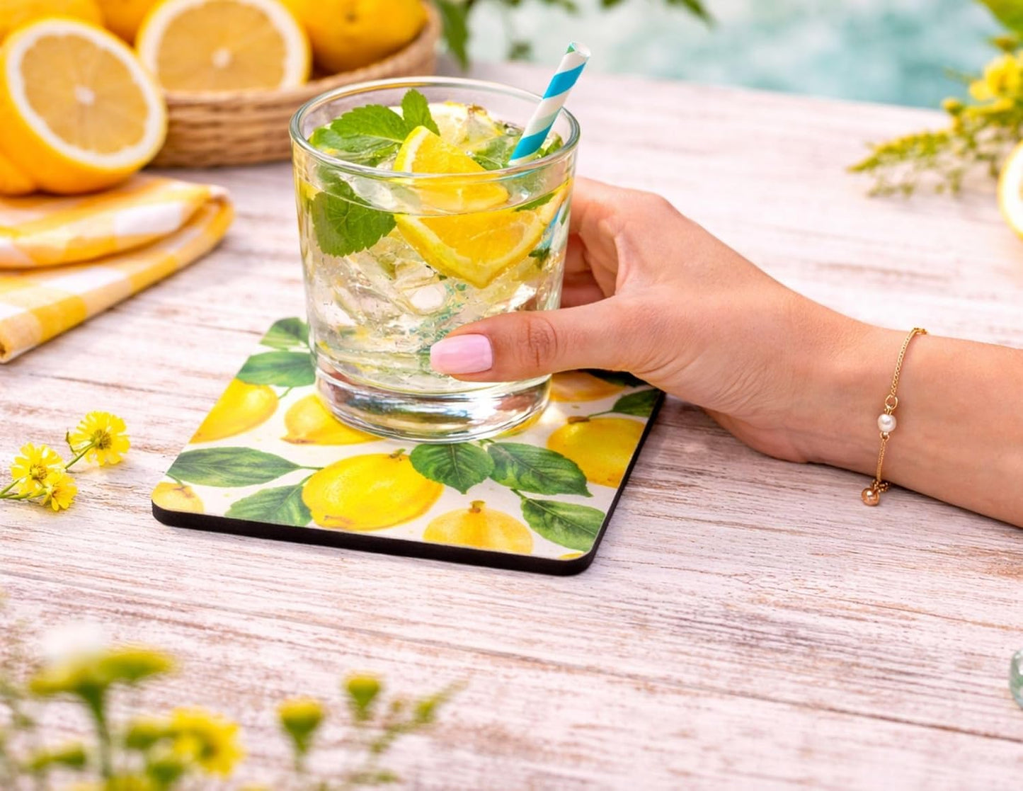 Lemon Fresh Absorbent 4pc Coaster Set – Citrus, Polka Dot, and Gingham Drink Coasters with Non‑Slip Backing (Lemon)