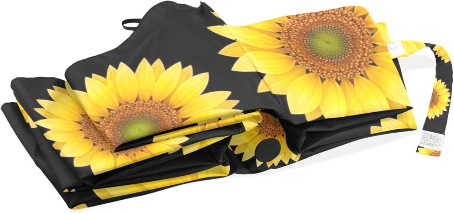 Yellow Sunflower Black Travel Folding Compact Umbrella, Lightweight Automatic Versatile Cute Print Umbrella for Rain, 42.5x24inch