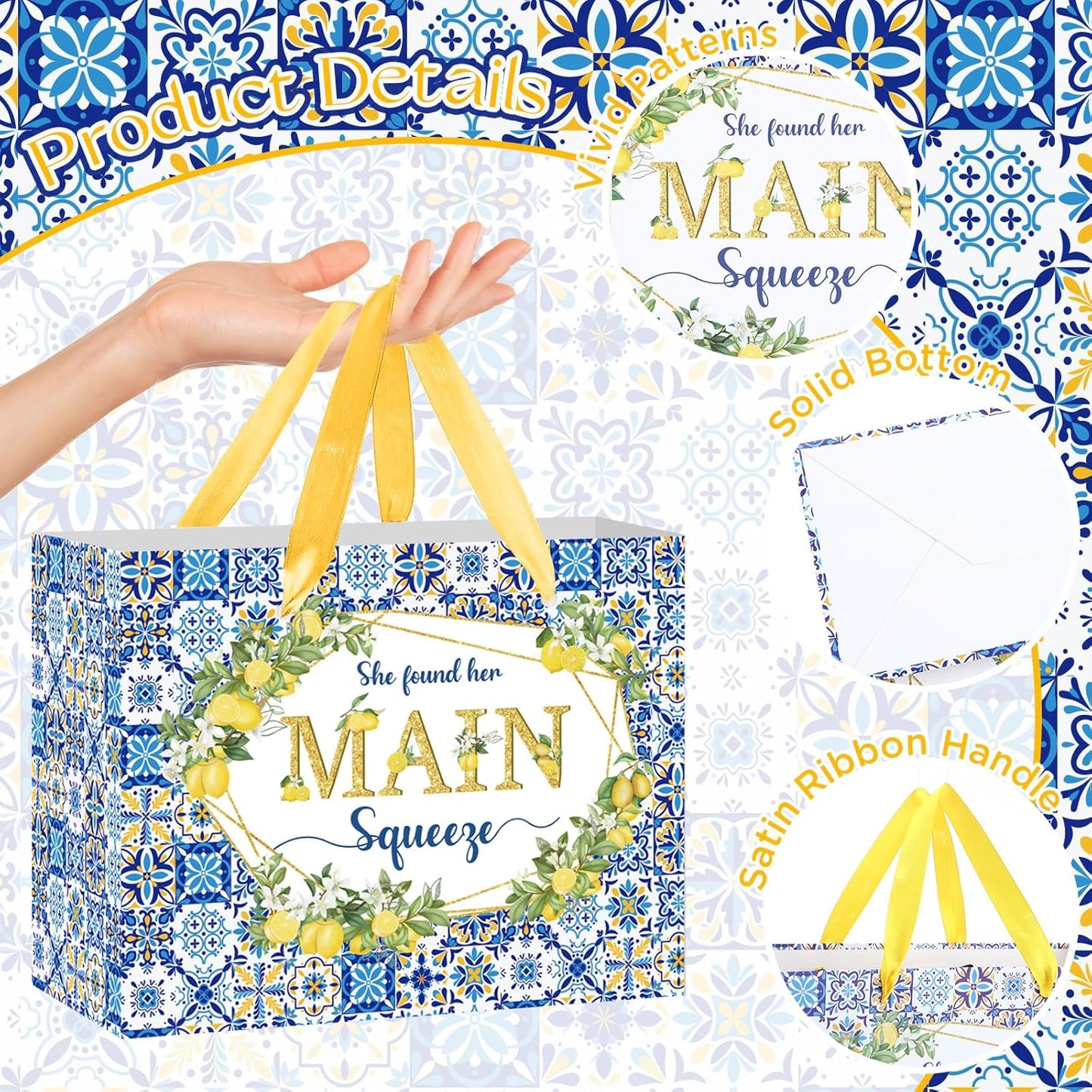 Capri Lemon Bridal Shower Gift Bags She Found Her Main Squeeze Party Favors Bags with Tissue Paper Greeting Card Blue Tiles Yellow Lemon Paper Bag for Lemon Bridal Shower Engagement Party Decorations