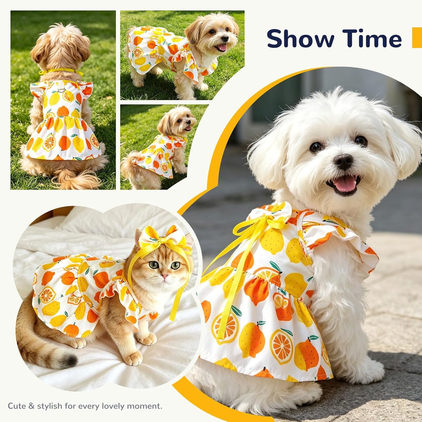 Cute Floral Small Dog Cat Harness Dress Outfits with Bow & Leash D-Ring,Soft Breathable Summer Ruffle Puppy Clothes Girl,3-Way Styling Female Dog Clothes for Chihuahua Yorkie Maltese(Yellow,XS)