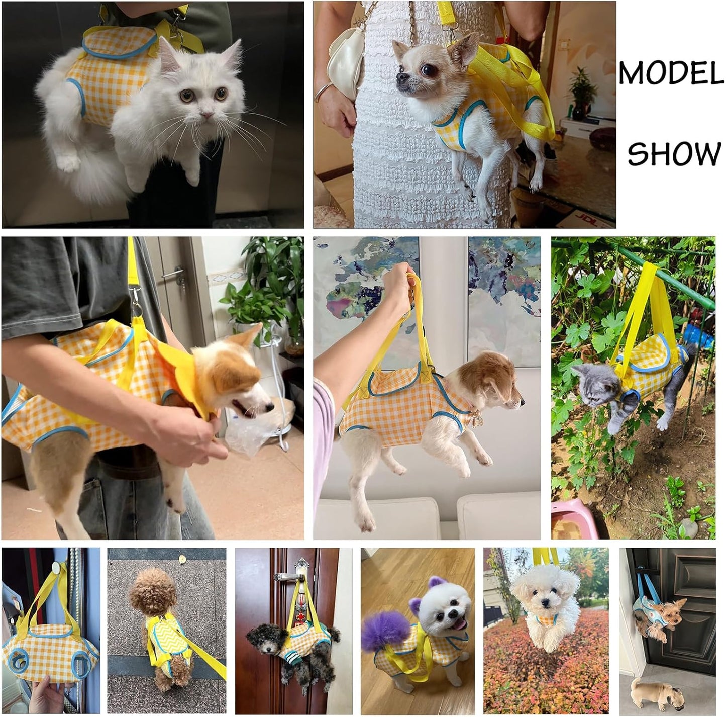 Pet Bag Carrier Sling Cat Carrier, Hands Free Shoulder Crossbody Dog Carrier Pouch, Cat Sling Carrier Outdoor Travel Yellow Grid L