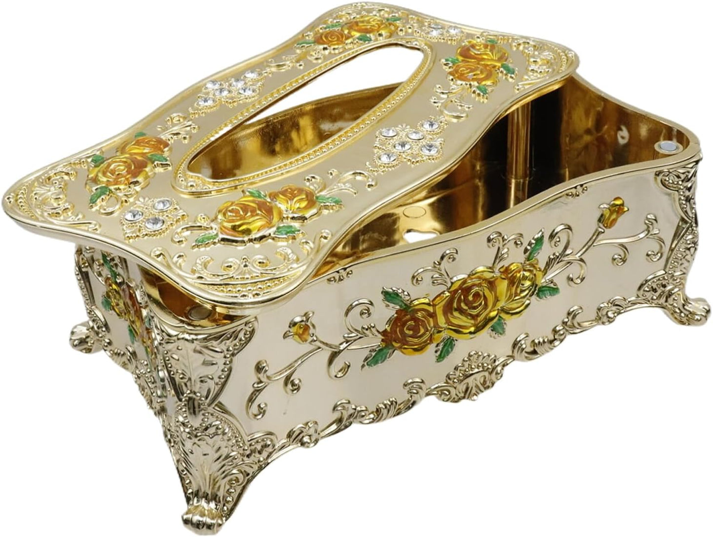 Luxurious Rose Tissue Box with Imitation Diamonds,Gold-Yellow | 9.45"x5.43"x3.94",Embossed Flowers, Elegant Tissue Paper Holders,for Home Toilet Bath Hotel