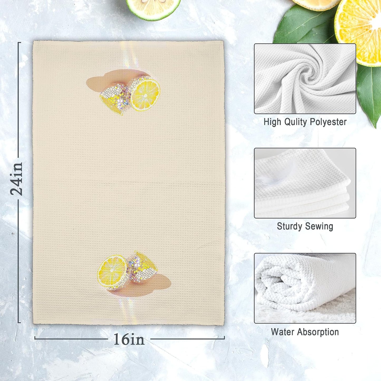 Disco Lemon Kitchen Towels, Yellow Preppy Hand Towels Decor for Bathroom Girly Room, Trendy Dish Towel, Glam Disco Ball Maximalist Tea Bar Waffle Towel for College Dorm Girls Home 16x24in
