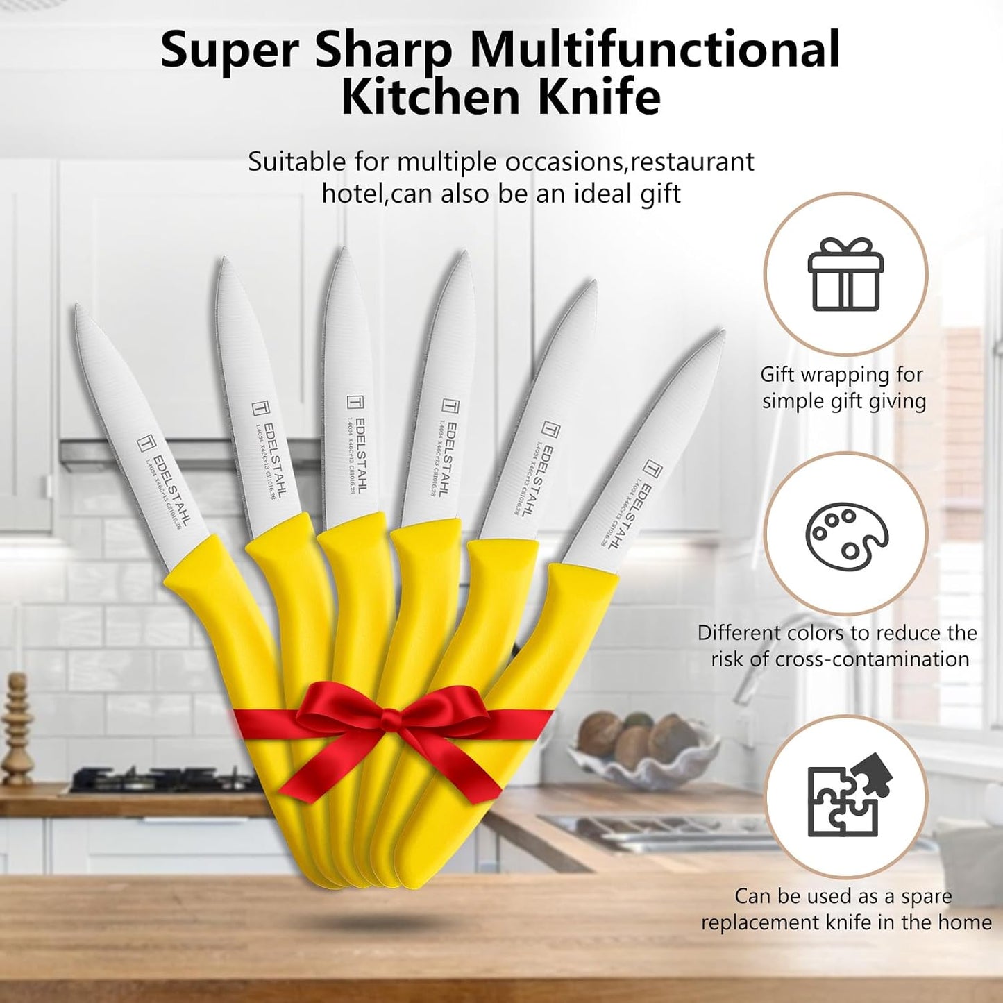 Paring Knife,Stainless Steel Paring Knives Set of 6,Super Sharp Vegetable&Fruit Knife,Straight Edge Paring Knifes,PP Plastic Ergonomic Handle,Yellow Peeling Knifes