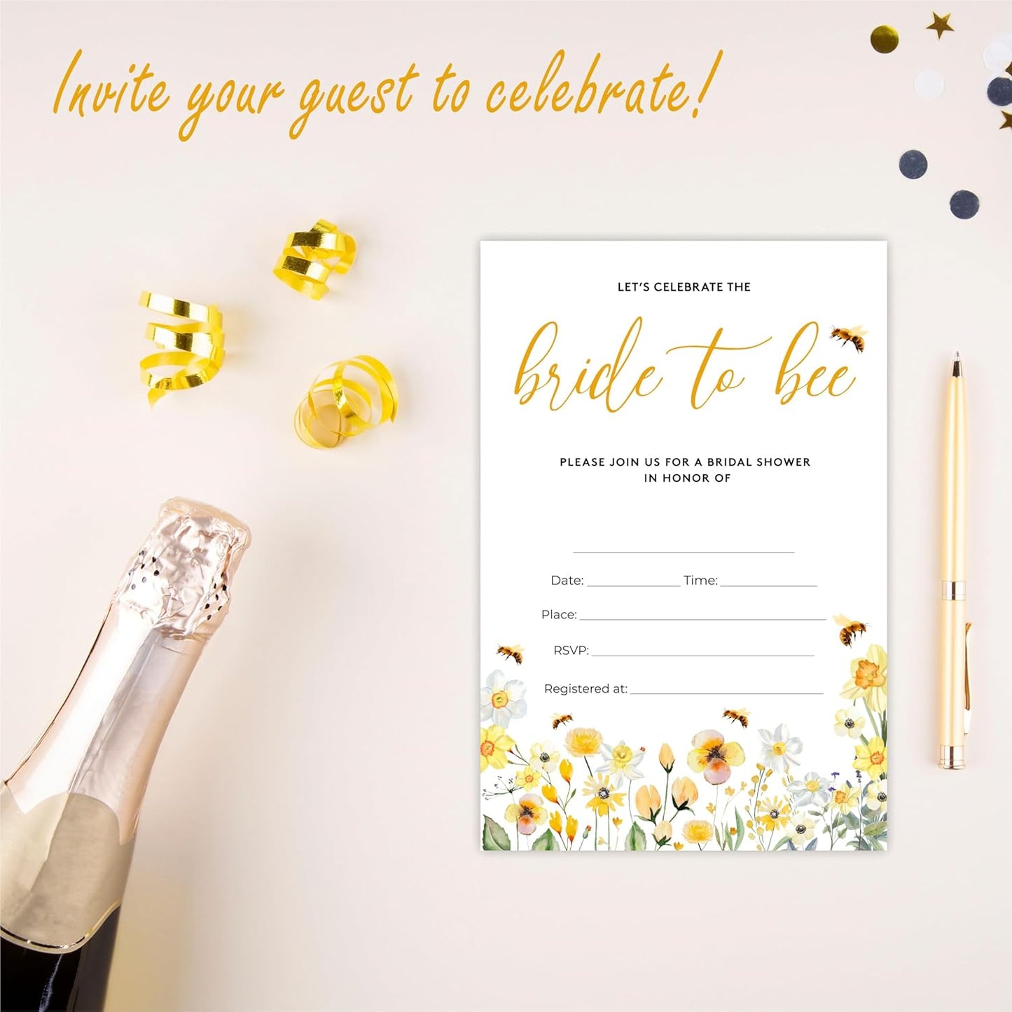 Wildflower Bridal Shower Invitations - Bride To Bee - 4 x 6 Inches Invites (25 Cards & Envelopes) For Wedding Showers, Newlyweds Parties And Receptions - A09