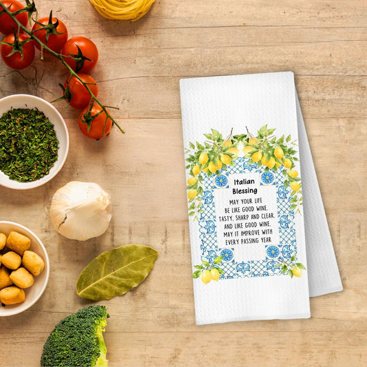 Italian Blessing Lemon Kitchen Towels, Italian Gifts for Women Dish Tea Towels, Mediterranean Tiles Lemon Botanical Decorative Hand Towel for Bathroom Kitchen, 16x24 Inch