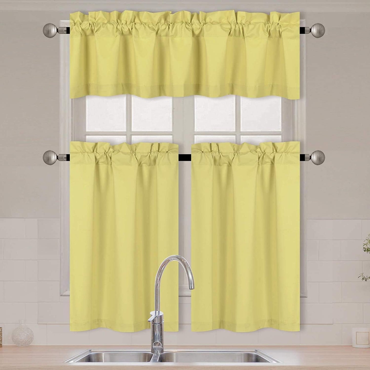 3 Pieces Solid Color Kitchen Curtain Set Tier and Valence with Rod Pocket Microfiber 100% Sunlight Blackout Drapes Window Treatment New (Yellow)