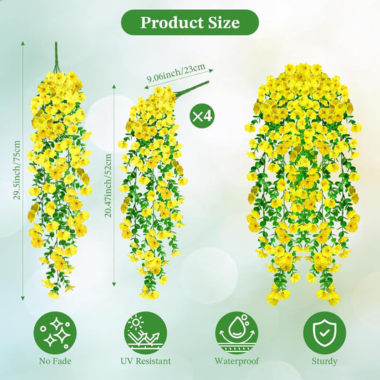 4Pcs Artificial Hanging Flowers for Outdoors, UV Resistant Morning Glory | Silk Petals, Realistic Eucalyptus, Yellow, for Planters, Porches, Patios, Window Boxes and Garden Decor