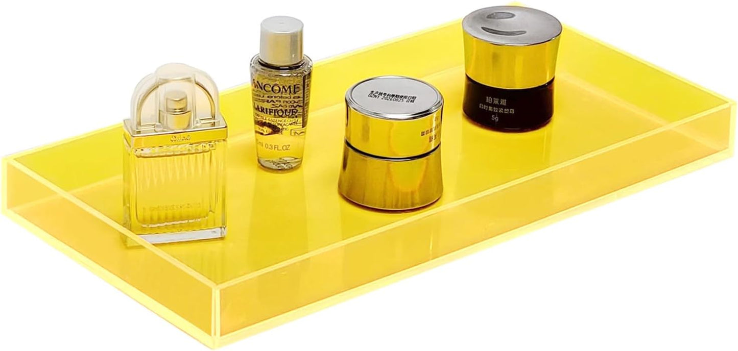 Acrylic Tray Bathroom Tray for Countertop, Guest Towel Holder Tray for Napkin Perfume Jewelry Makeup, Vanity Trays for Soap Dispenser, Aromatherapy, Cup & Candle, Yellow