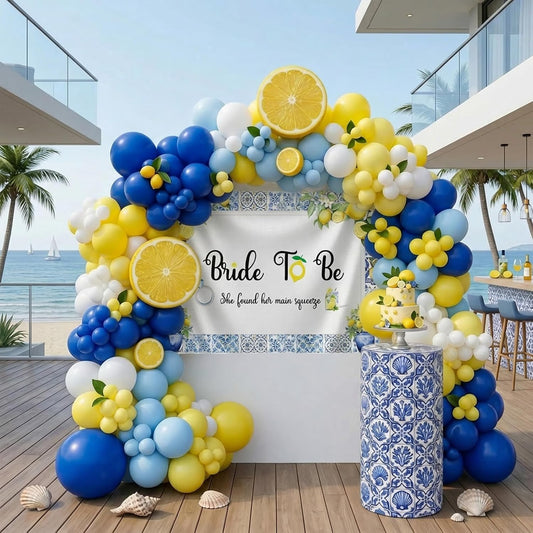 Royal Blue Yellow bridal shower lemon theme balloon arch kit with Bride to be backdrop for Lemonade italian capri amalfi coast main squeeze bridal party decorations