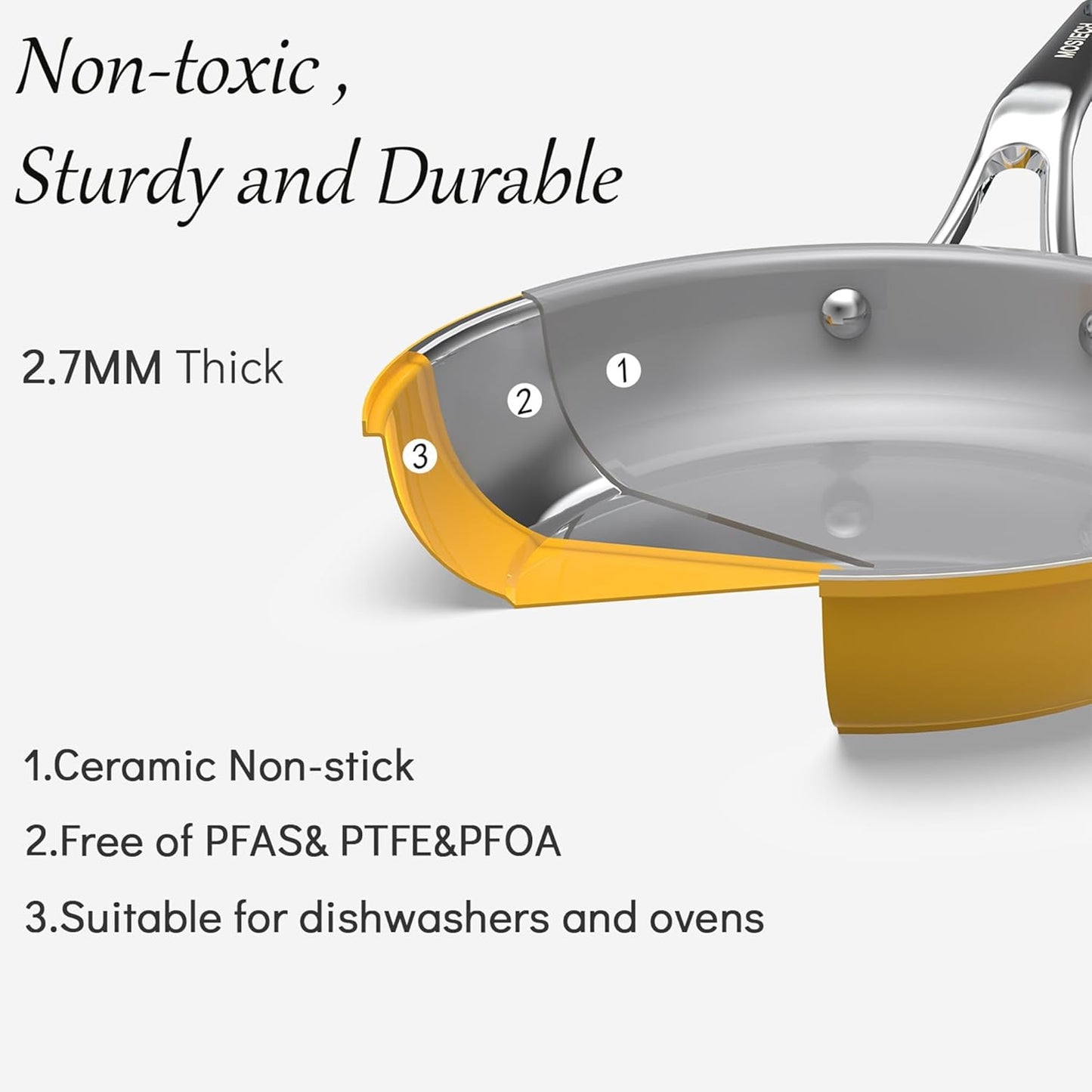 3-Piece Yelllow Ceramic Nonstick Frying Pan Set, Induction Cookware | 8, 9.5, 11 inch skillets; non-toxic PFAS, PFOA, lead & cadmium free; anti-scald handles; oven safe to 480°F; swift clean up