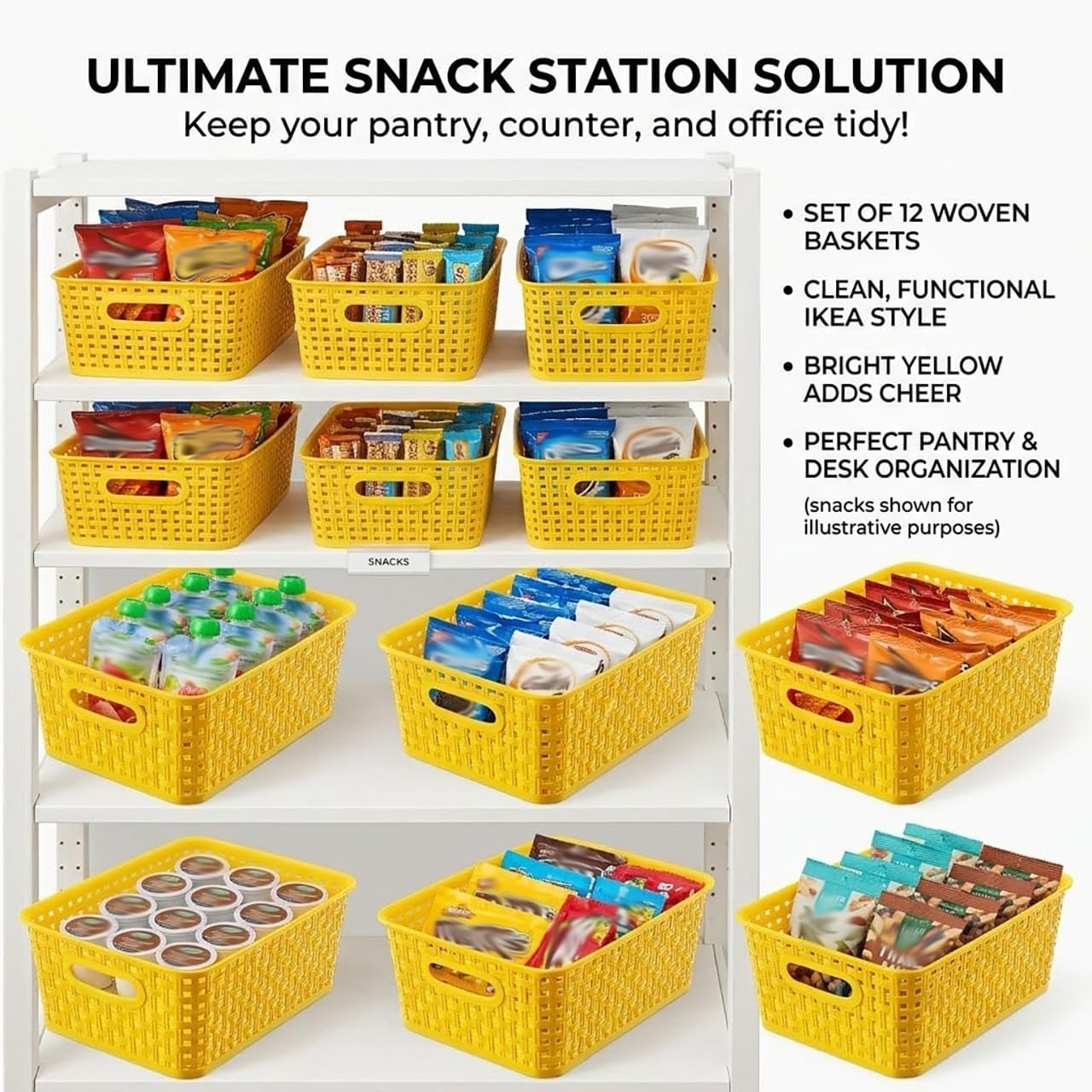 Yellow Plastic Organizer Baskets, 12-Pack Stackable Pantry Storage Baskets, Small Baskets for Shelves, Bathrooms, Kitchens, Laundry Room, Classrooms, Cabinets and Bedrooms