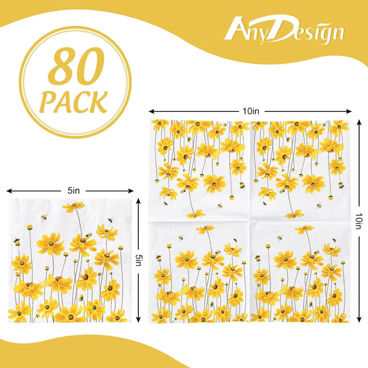 80 Pcs Summer Floral Cocktail Napkins Flower Bee Disposable Paper Napkins Yellow Decorative Beverage Napkin for Birthday Wedding Baby Shower Party Supplies