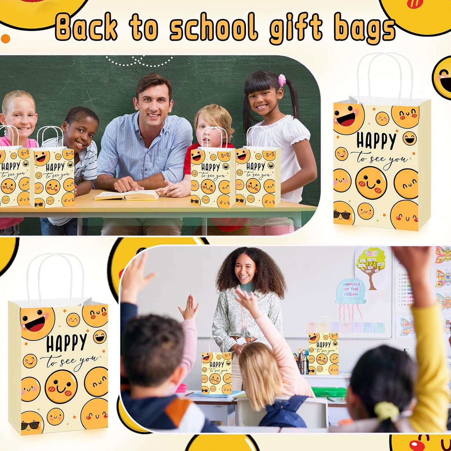 25 Pcs Happy to See You Gift Bags, Smile Face Favor Bags Bulk | Back to School Gift Bags with Handles, Welcome Open House Gifts, Happy Face Party Supplies, First Day of School Decorations