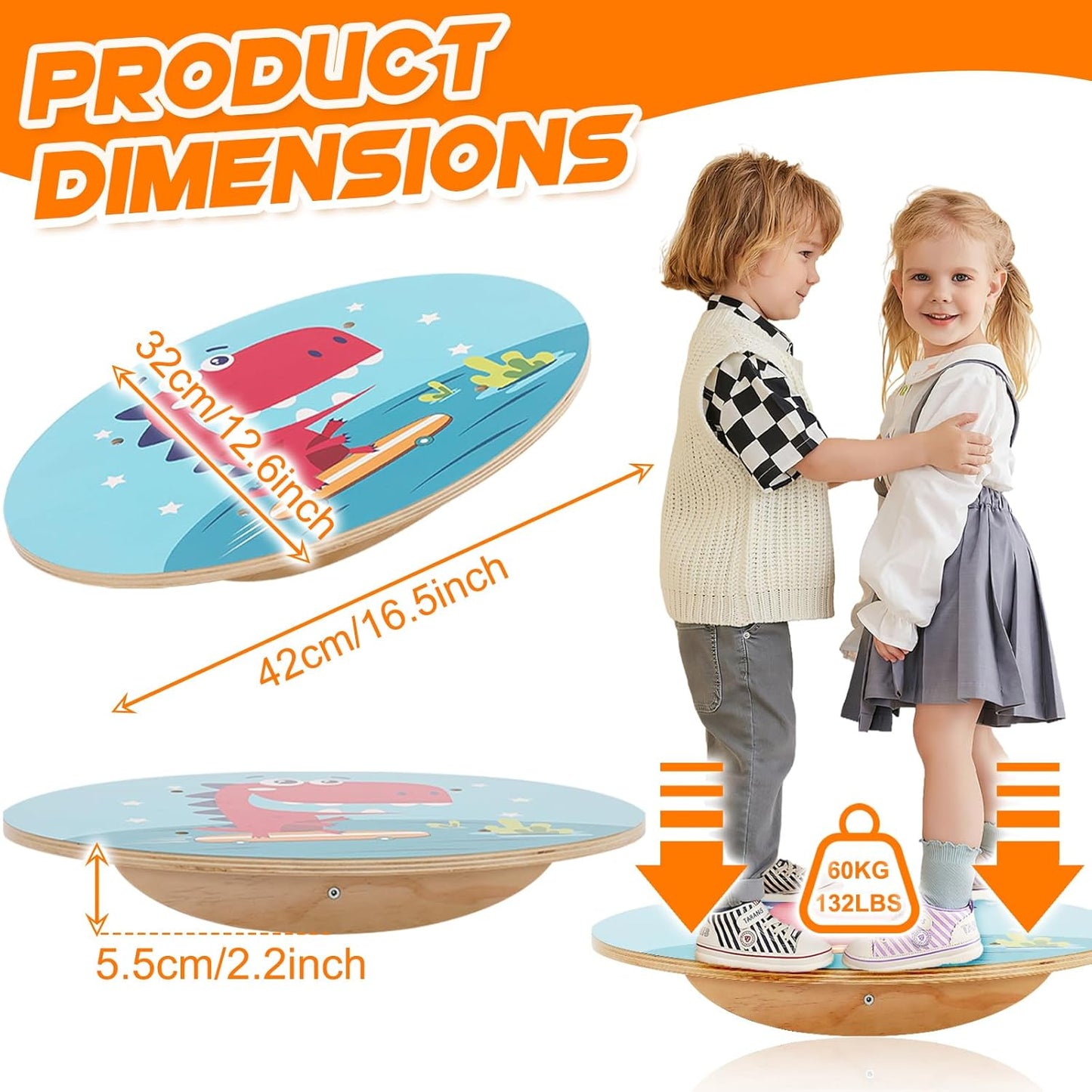 Balance Board for Kids, Wooden Wobble Rocker Board for Children, Capable of Bearing 123LB, Durable for Balance Training, Core Strength and Active Play, Bright Blue Monkey Pattern