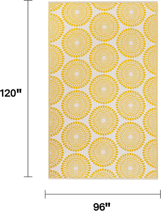 Outdoor Rug - Waterproof, Fade Resistant, Crease-Free - Premium Recycled Plastic - Floral Medallion - Large Patio, Deck, Sunroom, Camping, RV - Rio - Yellow - 8 x10 ft