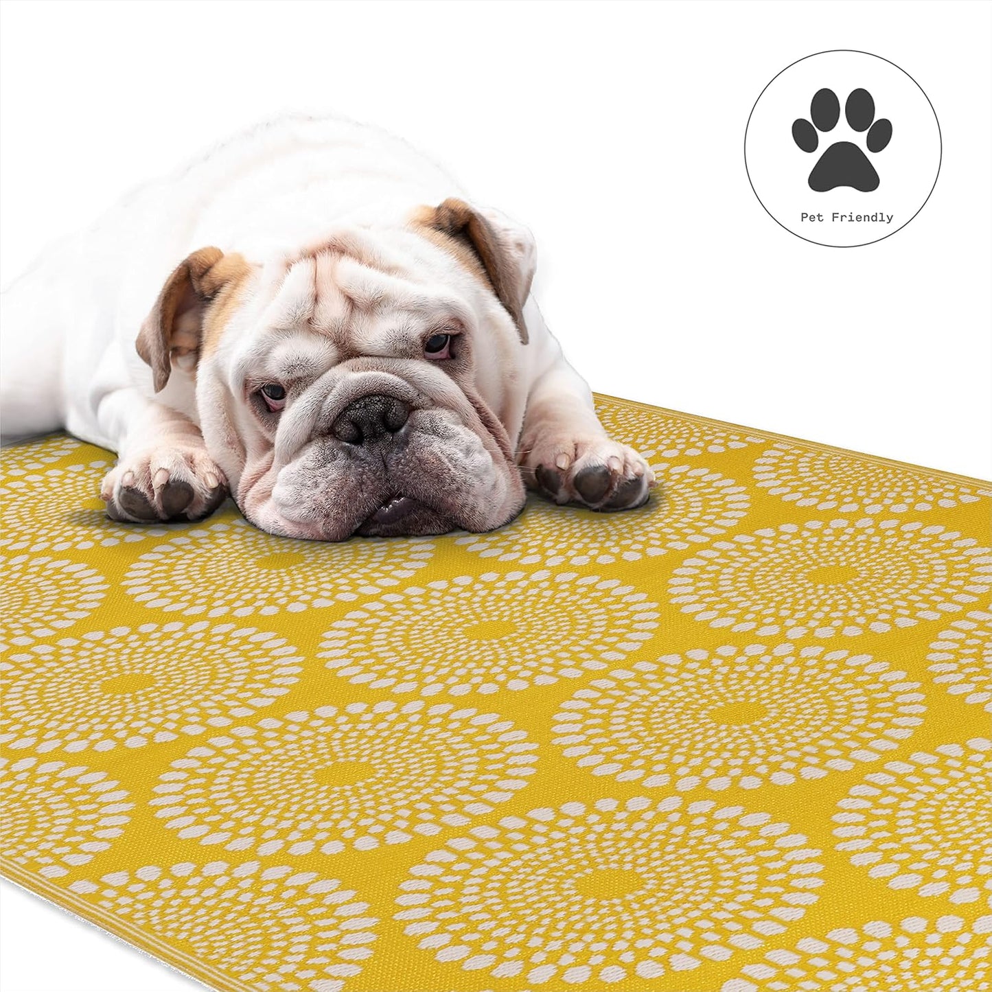 Outdoor Rug - Waterproof, Fade Resistant, Crease-Free - Premium Recycled Plastic - Floral Medallion - Large Patio, Deck, Sunroom, Camping, RV - Rio - Yellow - 8 x10 ft