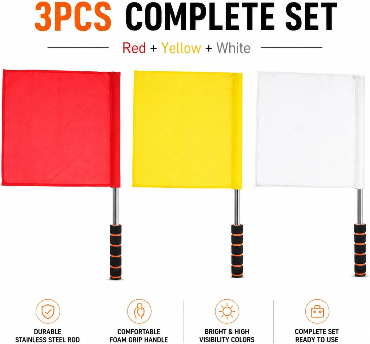 3Pcs Referee Flags with Stainless Steel Rod - Professional Linesman Flags for Soccer, Volleyball, Track and Field - Red Yellow White Sports Event Match Waving Signal Color Guard with Foam Grip Handle
