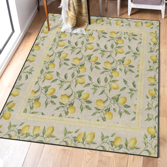 Area Rugs 5'x7' Washable Rug, Lemon Botanical Vintage Stain Resistant Non Slip Backing Summer Yellow Carpet for Living Room Bedroom Dining Room