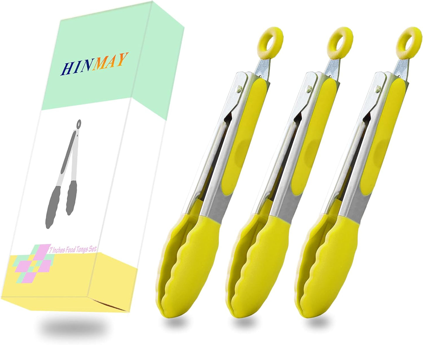 Small Appetizer Tongs 7" Silicone Kitchen Tongs, Set of 3 (Yellow)