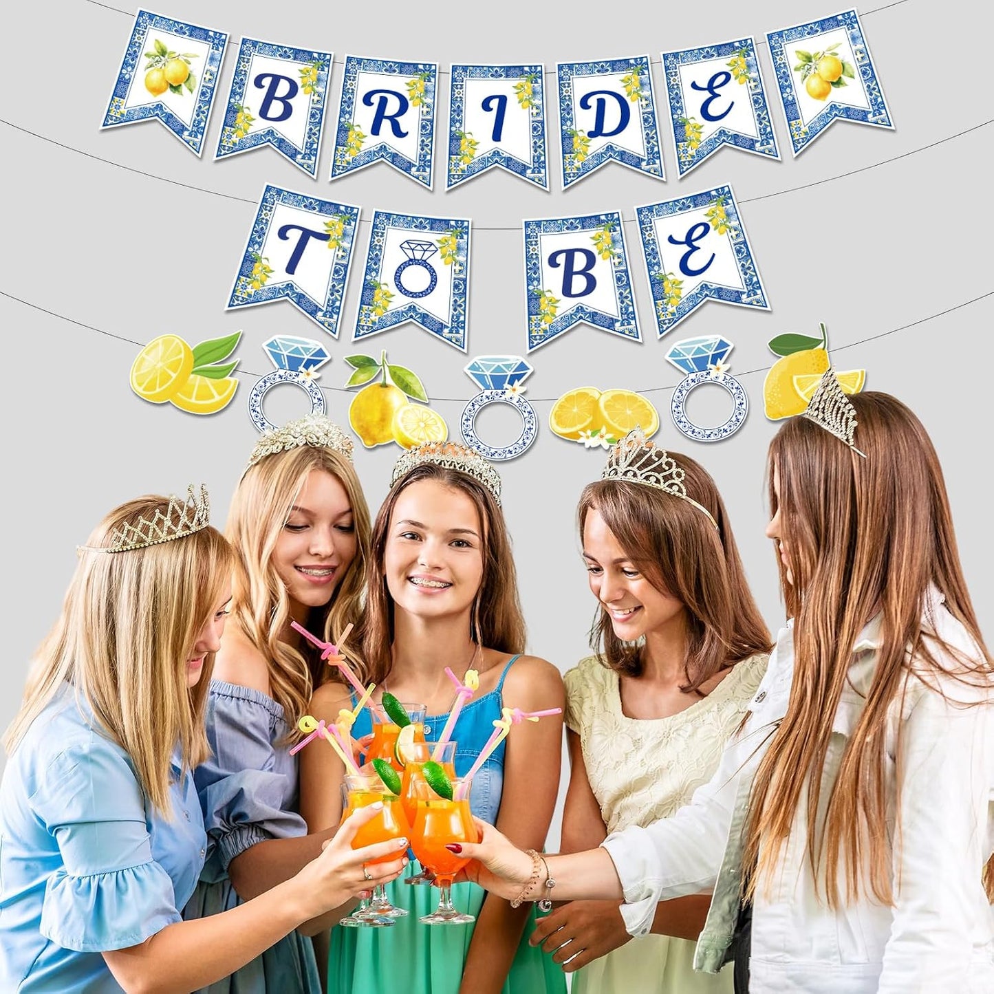 Lemon Bridal Shower Decorations - 4 Pcs Amalfi Coast Banner Set | Pre-Strung Bride To Be Blue Tiles Yellow Party Sash, Mediterranean Citrus Fruit Theme Bachelorette Party Supplies