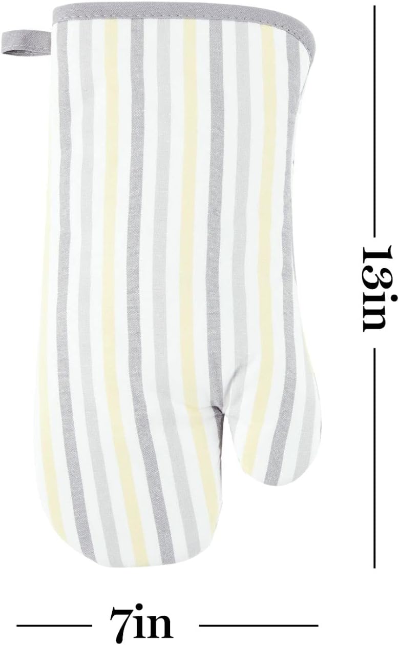 Daisy Stripe Oven Mitt Set 2-Pack, Grey/Yellow, 7"x13"