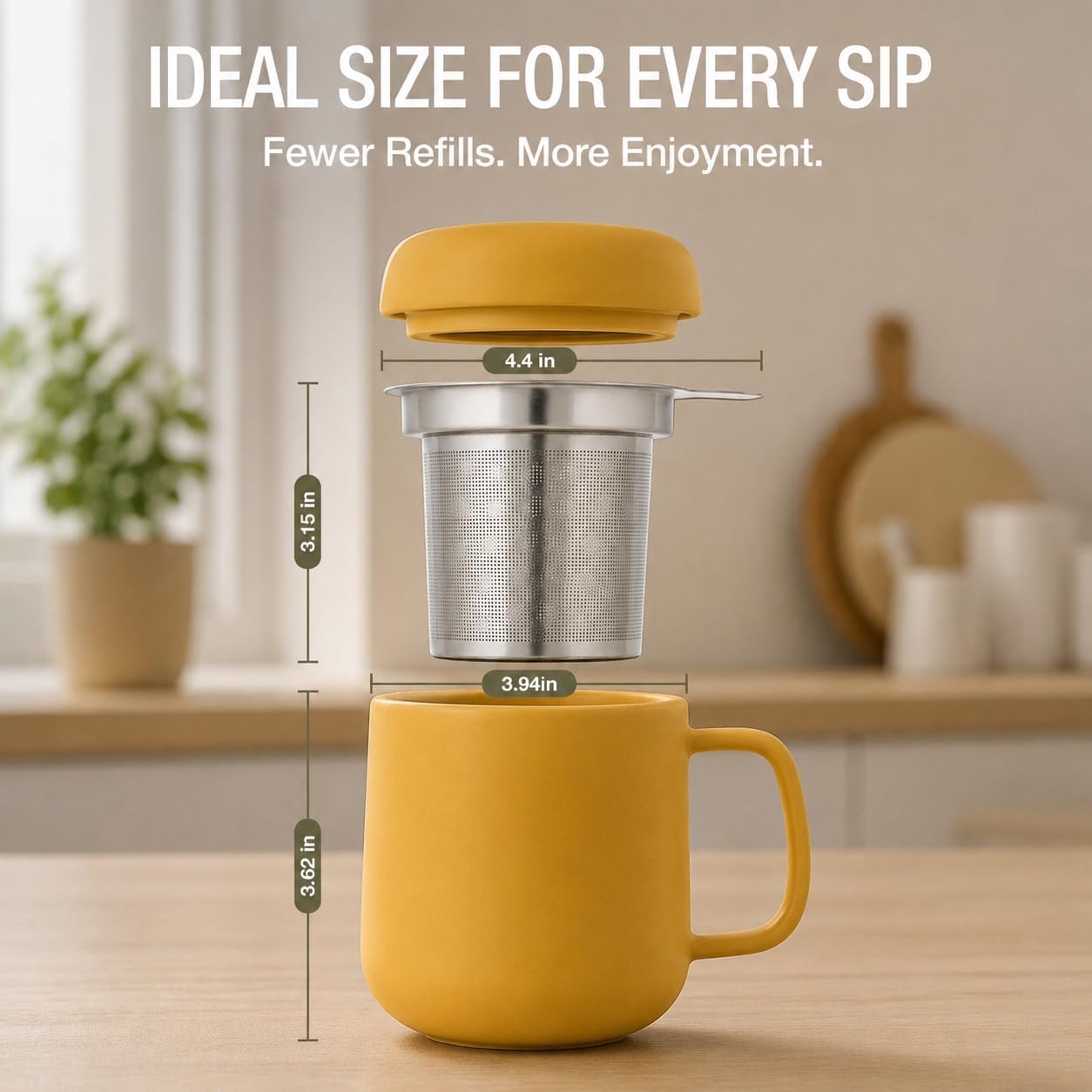 Sumo Porcelain Loose Tea Steeping Mug - 15oz/450 ml Ceramic Tea Cup with Infuser and Lid/Coaster - Extra Fine Stainless Steel Infusion Strainer - For Home or Office - Yellow